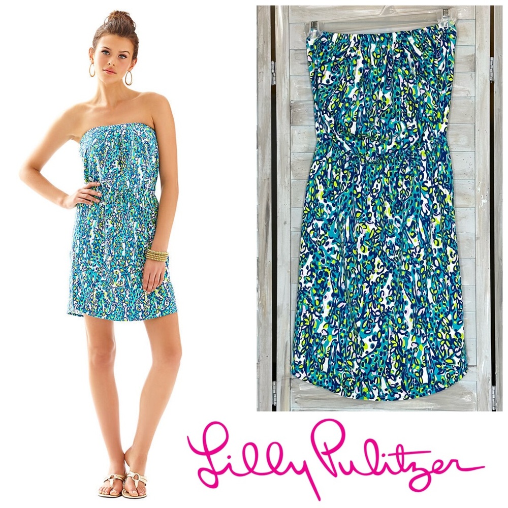 Lilly Pulitzer Windsor Sea Blue Its A Stretch Strapless Dress Giraffe Print
